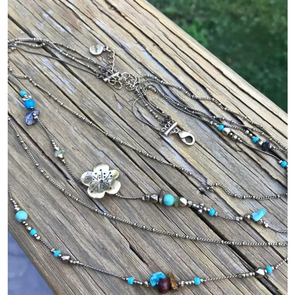 Bohm Layered gold tone flower semi-precious stone chip necklace